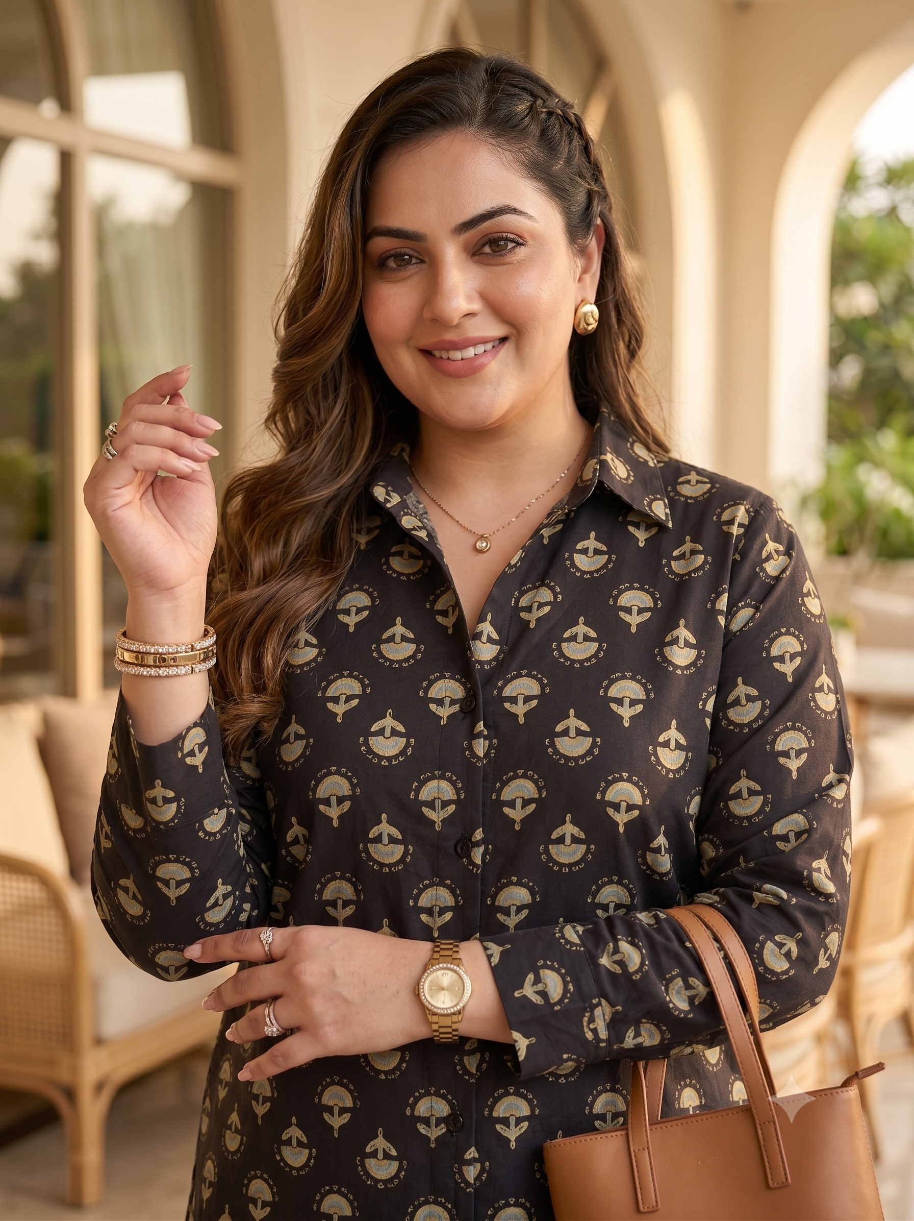 Plus Size Black Printed Cotton Co-Ord Set for Women | Printed Shirt & Wide Leg Pants