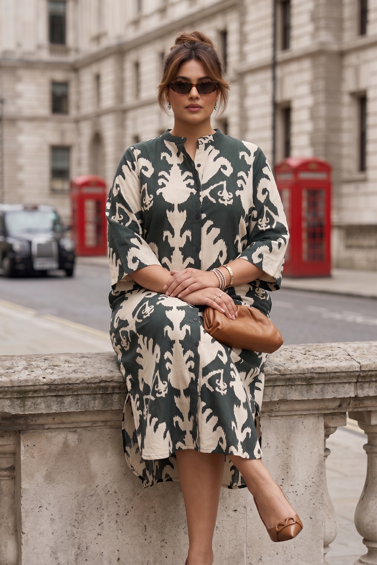 Dark Green Ikat Print 100% Cotton Shirt Dress