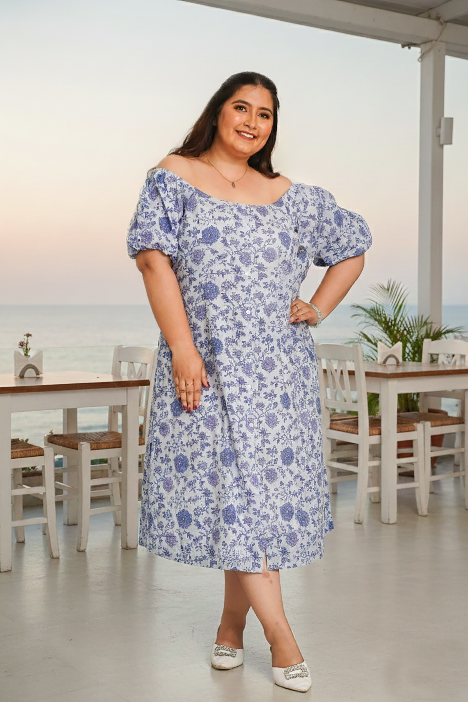 Ice Blue Gaga Printed Cotton Dress