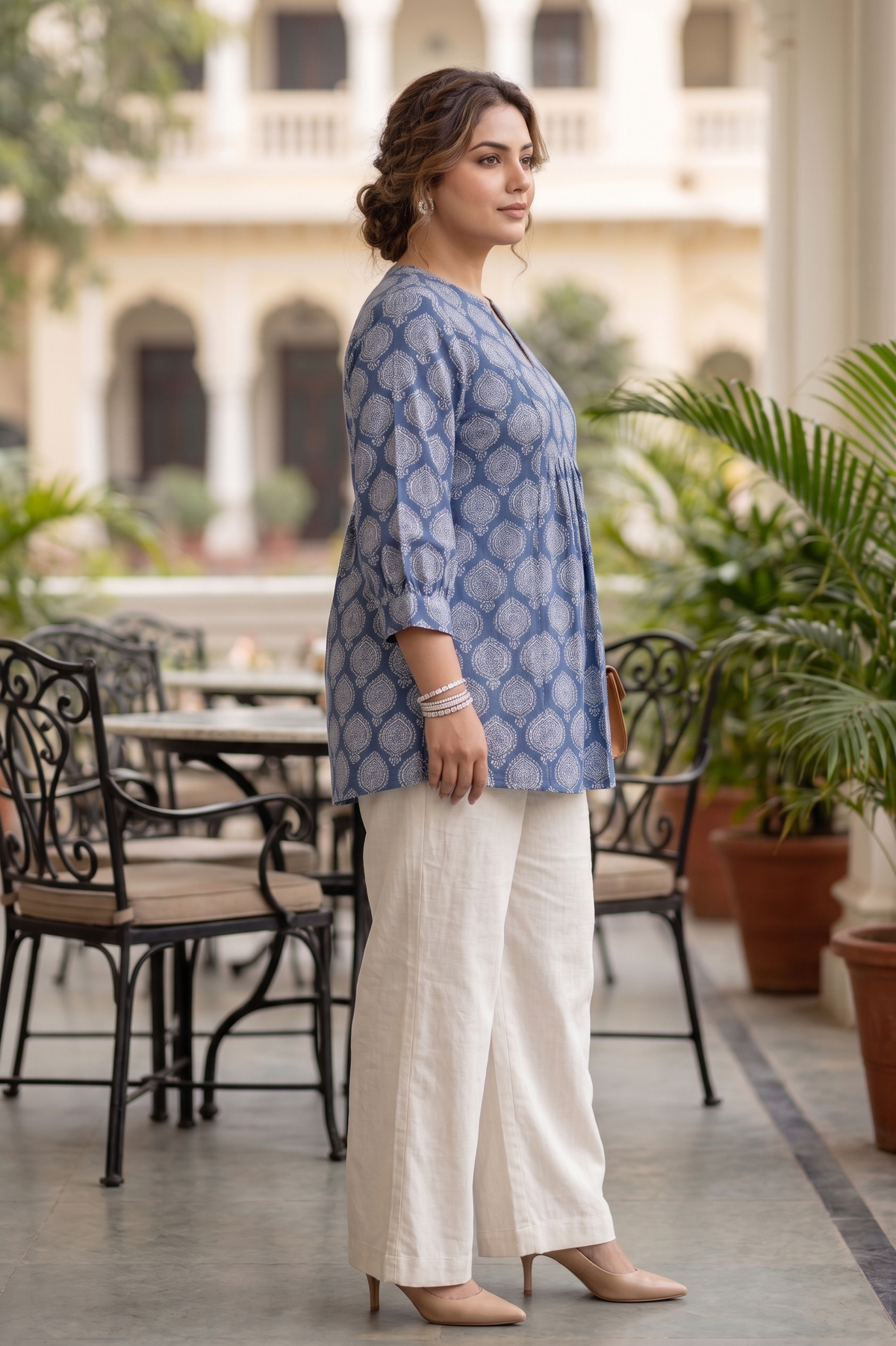 Indigo Blue Boota Print Cotton Peplum Top