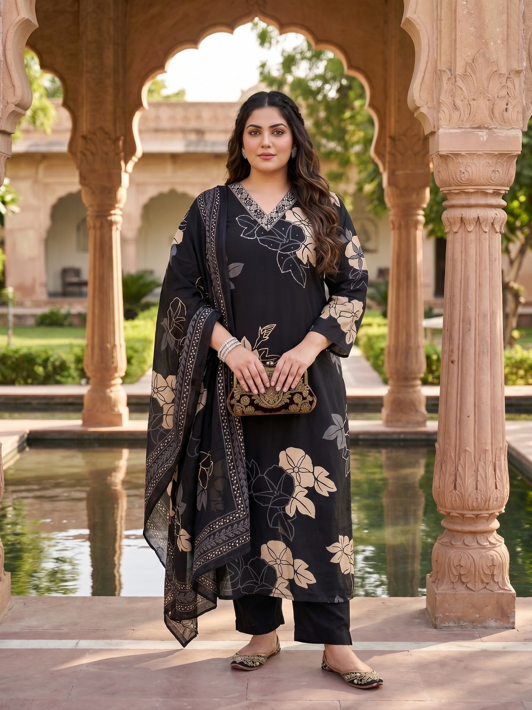 Plus Size Black Floral Print Cotton Kurta Set with Dupatta