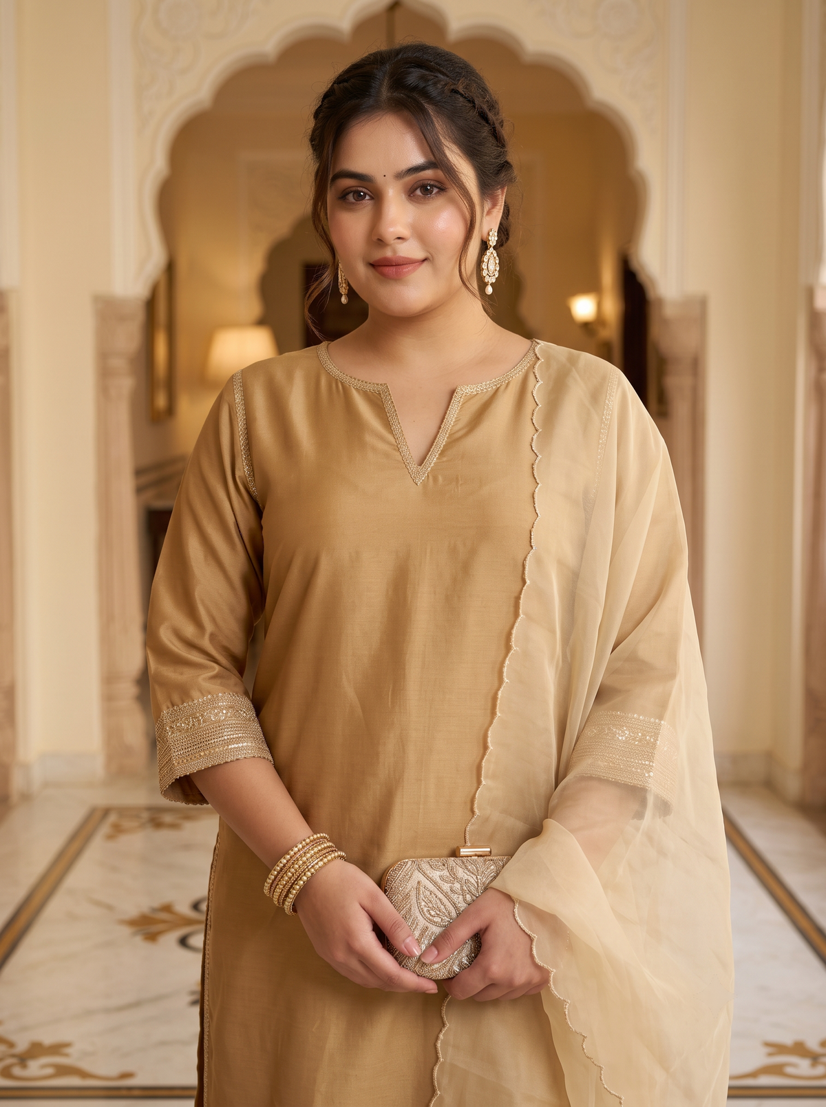 Plus Size Women Elegant Gold Silk Kurta Set - Festive Ethnic Wear with Dupatta