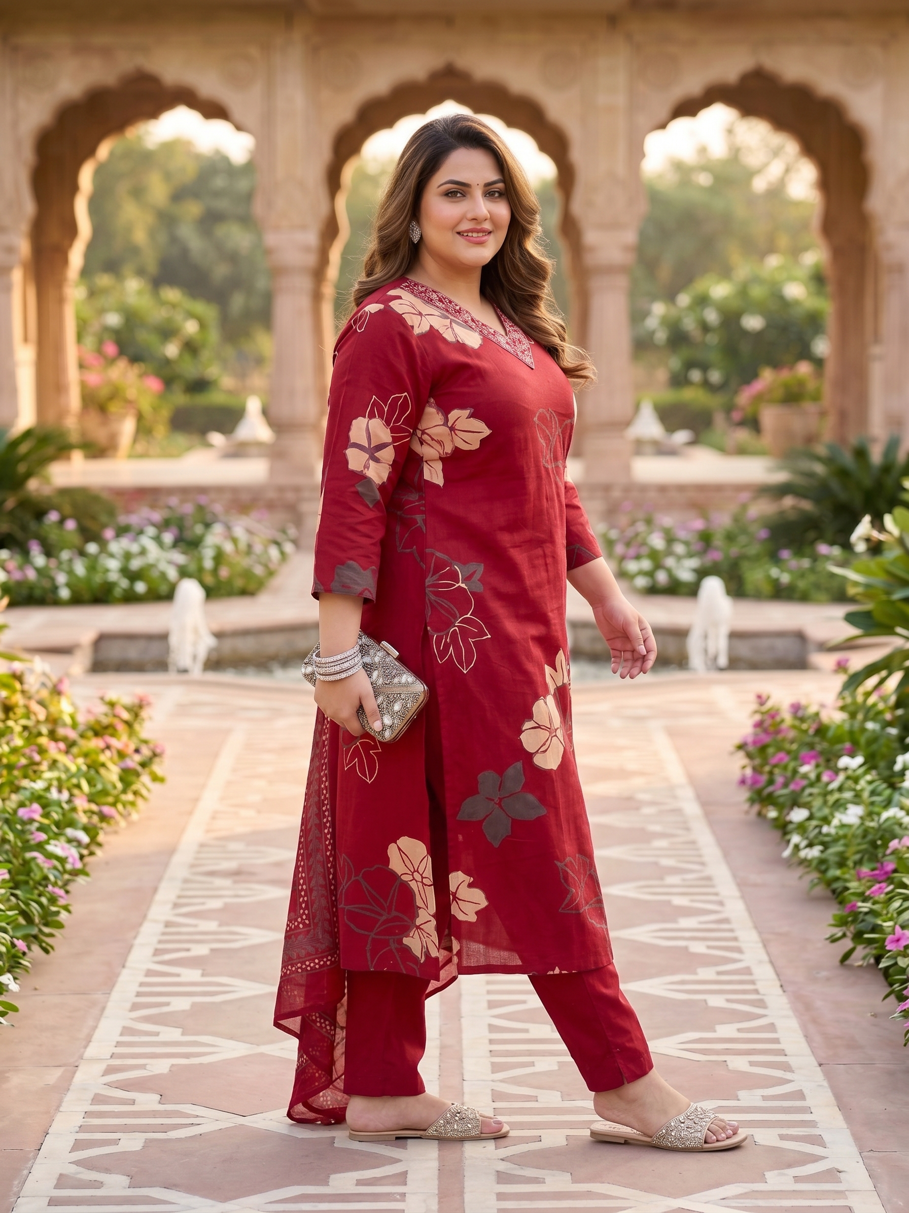 Plus Size Maroon Floral Print Cotton Kurta Set with Dupatta