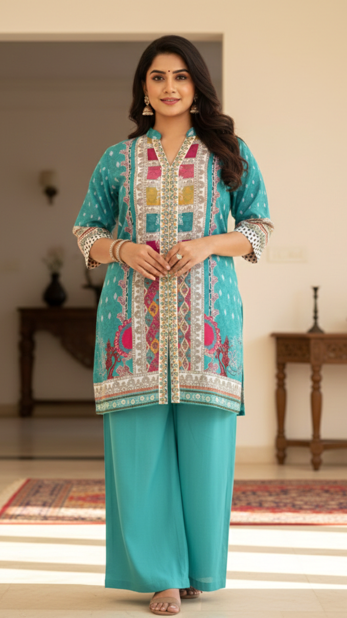 Plus Size Women’s Digital Print Satin Kurti Set with Palazzo – Elegant Ethnic Wear