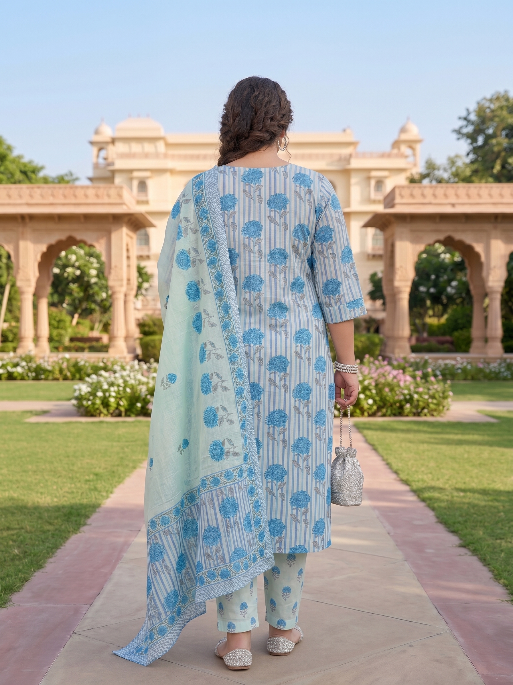 Plus Size Sky Blue Cotton Printed Kurta Set with Dupatta