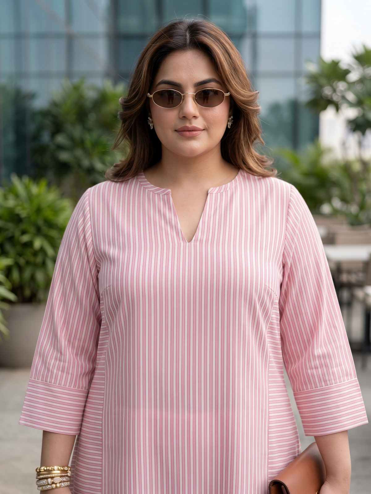 Plus Size Pink 100% Cotton Striped Flared Kurta