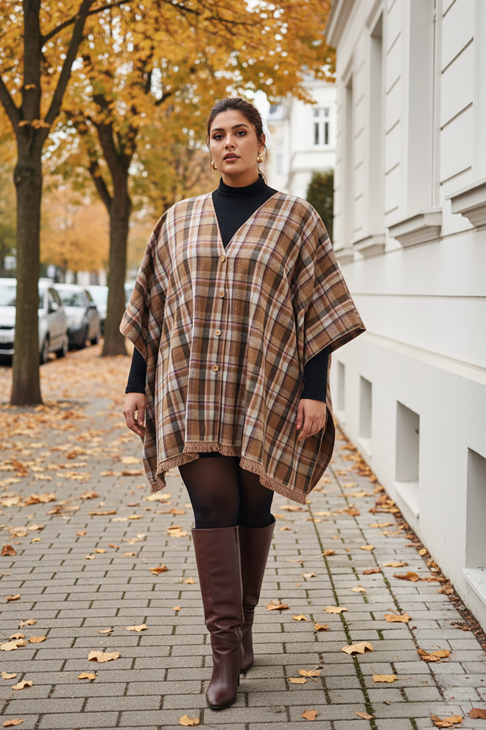 Plus Size Cozy Checked Winter Poncho Shirt for Women