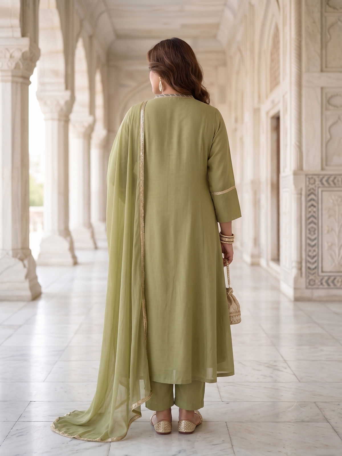 Plus Size Viscose Dupatta Set – Olive Green Kurta, Pant & Dupatta