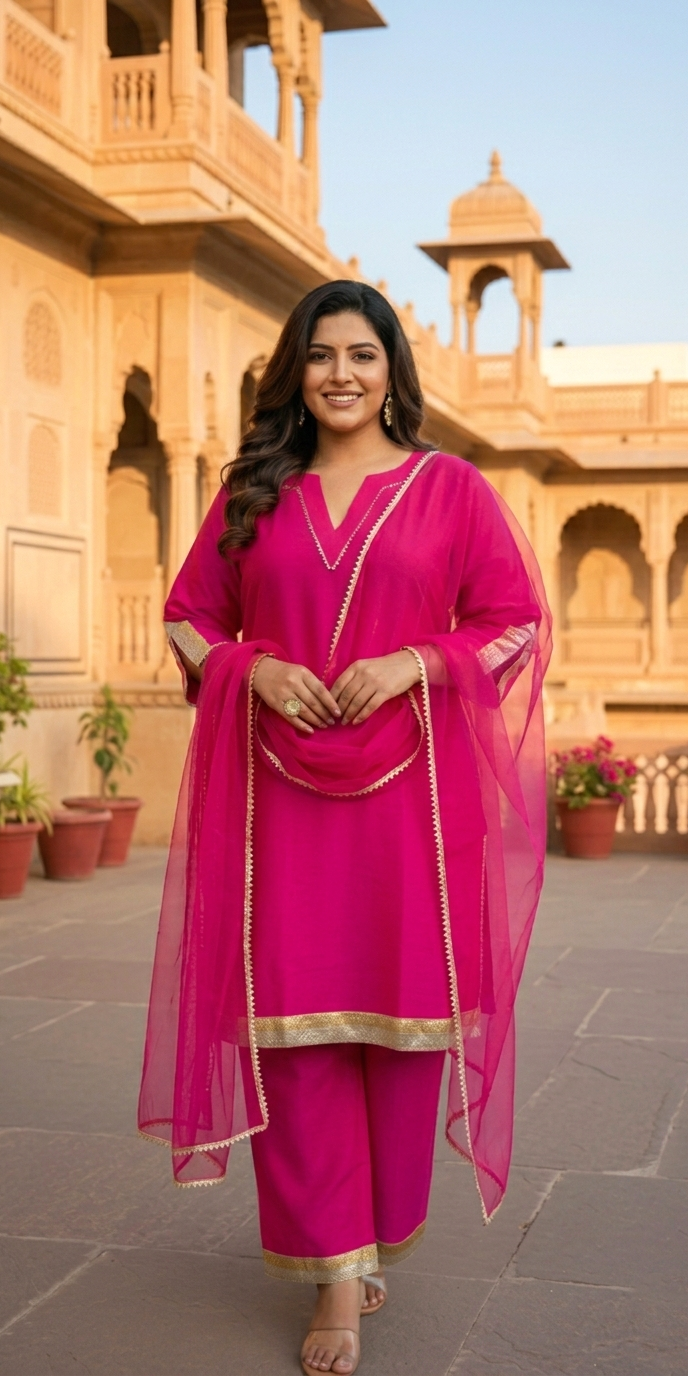 Plus Size Festive Pink Silk Kurta Set with Dupatta – 3 Piece Ethnic Suit