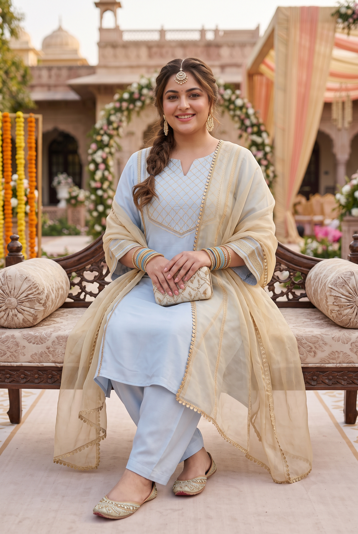 Plus Size Powder Blue Embroidered Kurta Salwar Set with Dupatta(Set of 3)