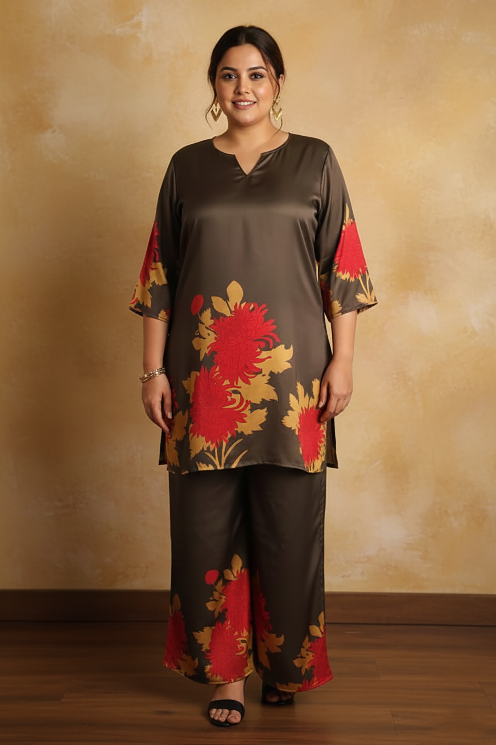 Olive Brown Floral Printed Co-Ord Set for Women