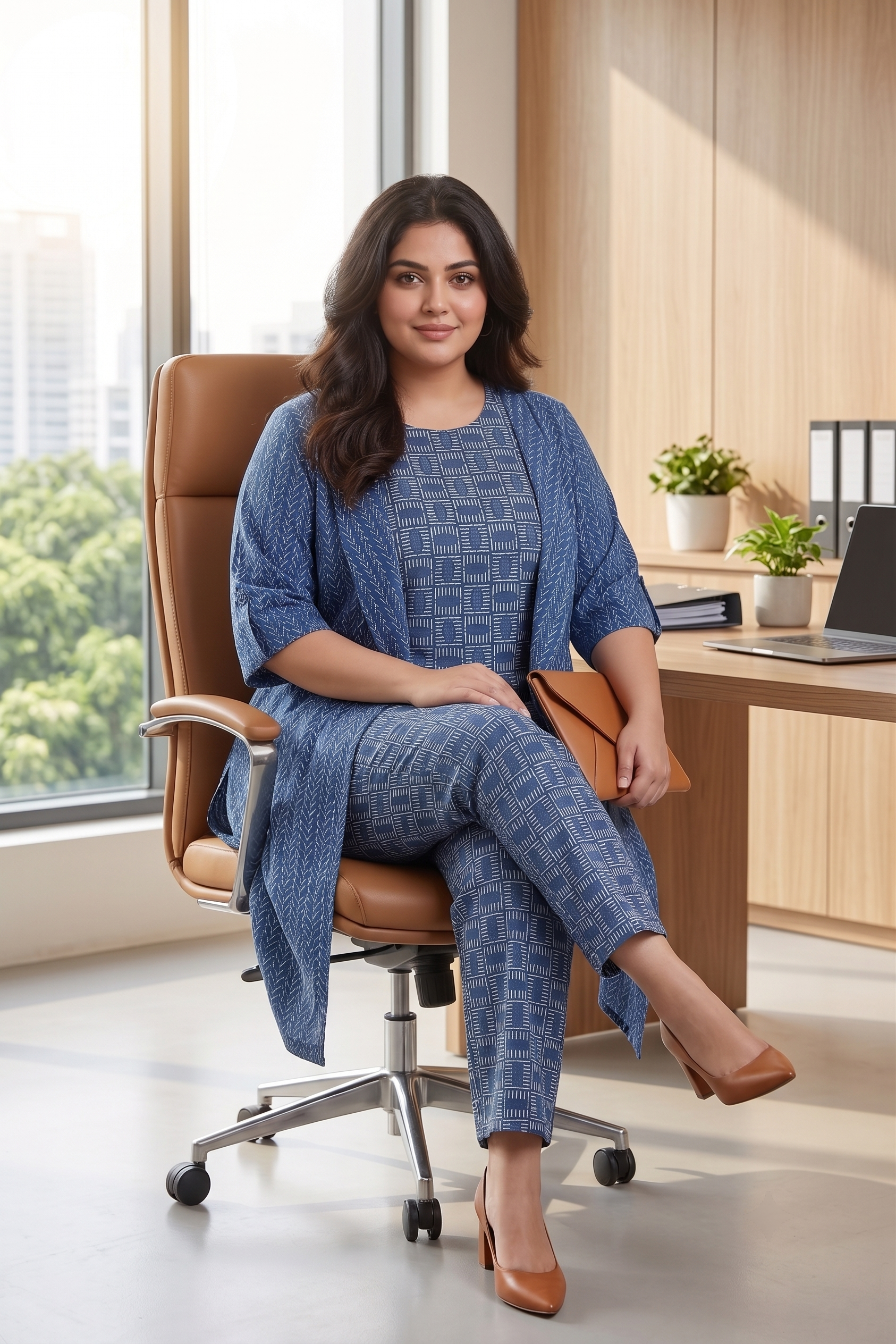 Blue Geometric Print Co-ord with Shrug