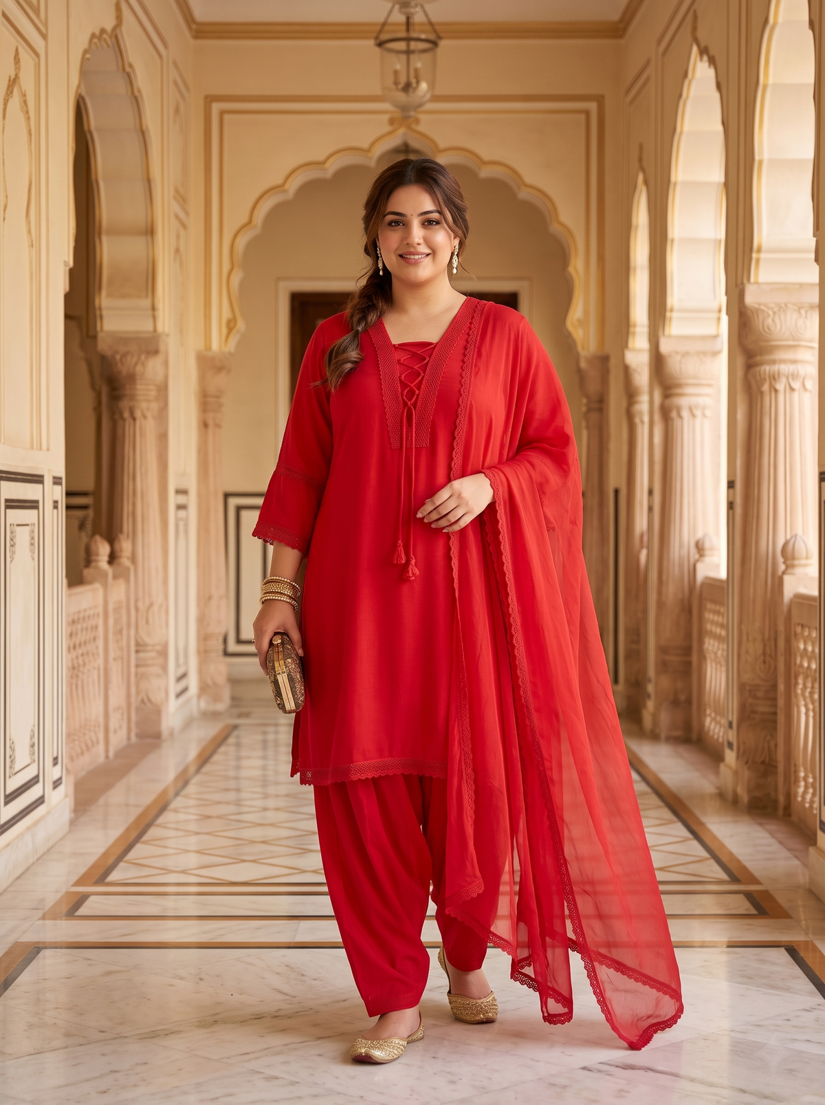 Plus Size Crimson Red Lace Detail Dupatta Set For Women (3 PC Set )