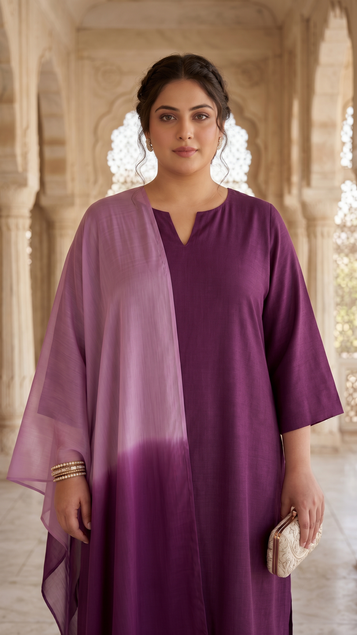 Plus Size Viscose Dupatta Set – Wine Kurta, Pant & Chiffon Dupatta