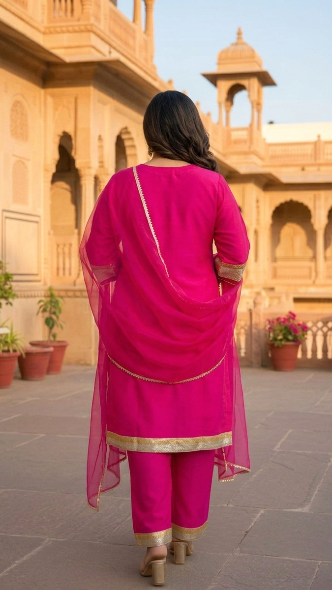 Plus Size Festive Pink Silk Kurta Set with Dupatta – 3 Piece Ethnic Suit