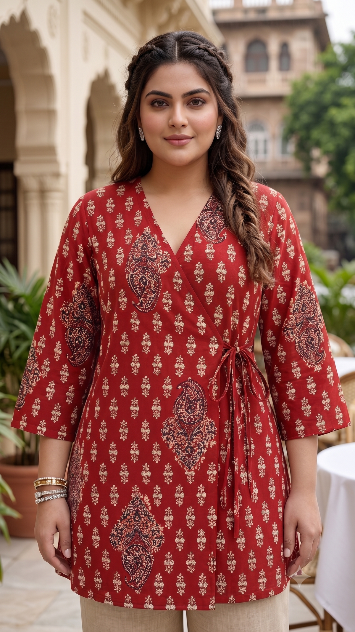 Plus Size Red Printed Cotton Tunic – Tie Waist Relaxed Fit