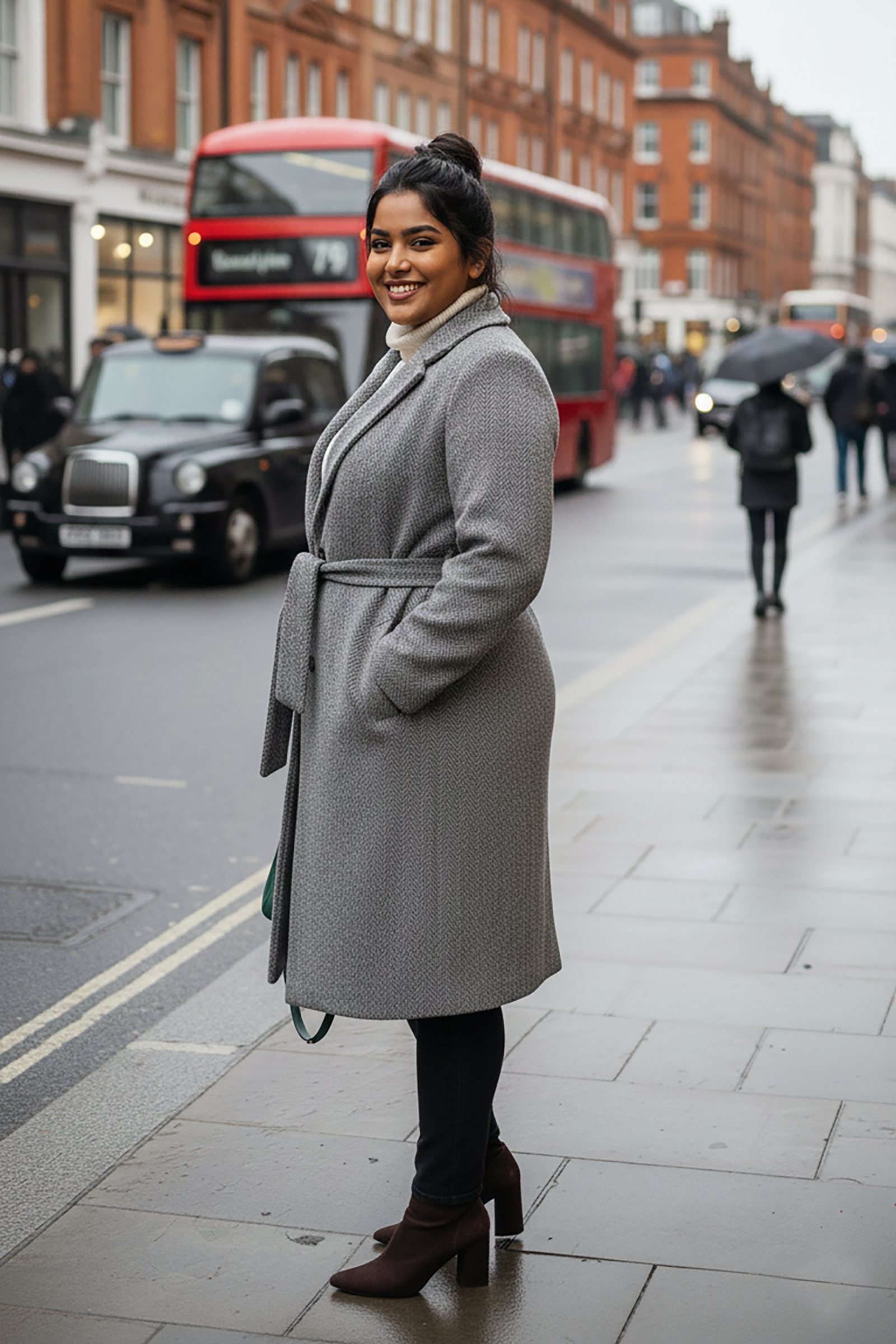 Plus Size Elegant Grey Wool-Blend Long Coat with Belt