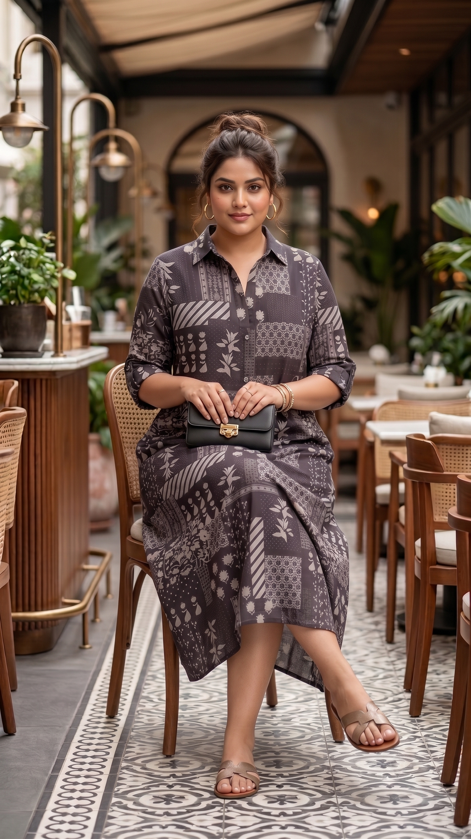 Plus Size Brown Printed Cotton Midi Dress for Women | Collared Button-Down A-Line Dress