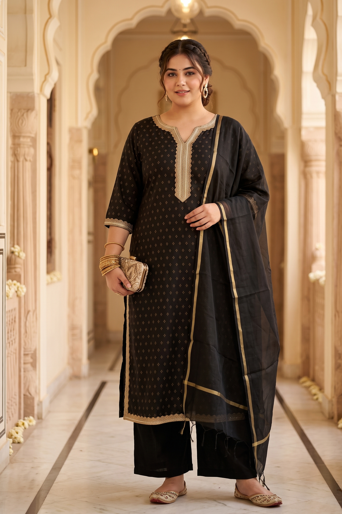 Plus Size Black & Gold Festive Benarasi Kurta Set with Chanderi Dupatta(Set of 3)