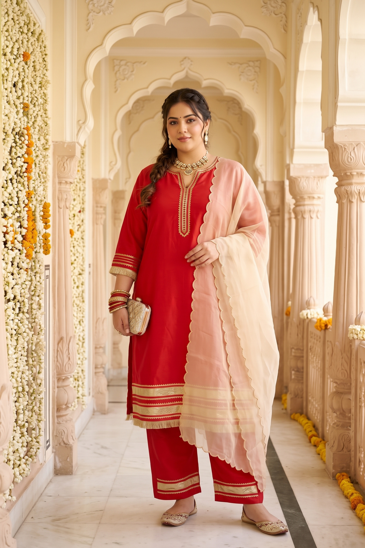 Crimson Royale Taffeta Kurta Suit Set (Set of 3)