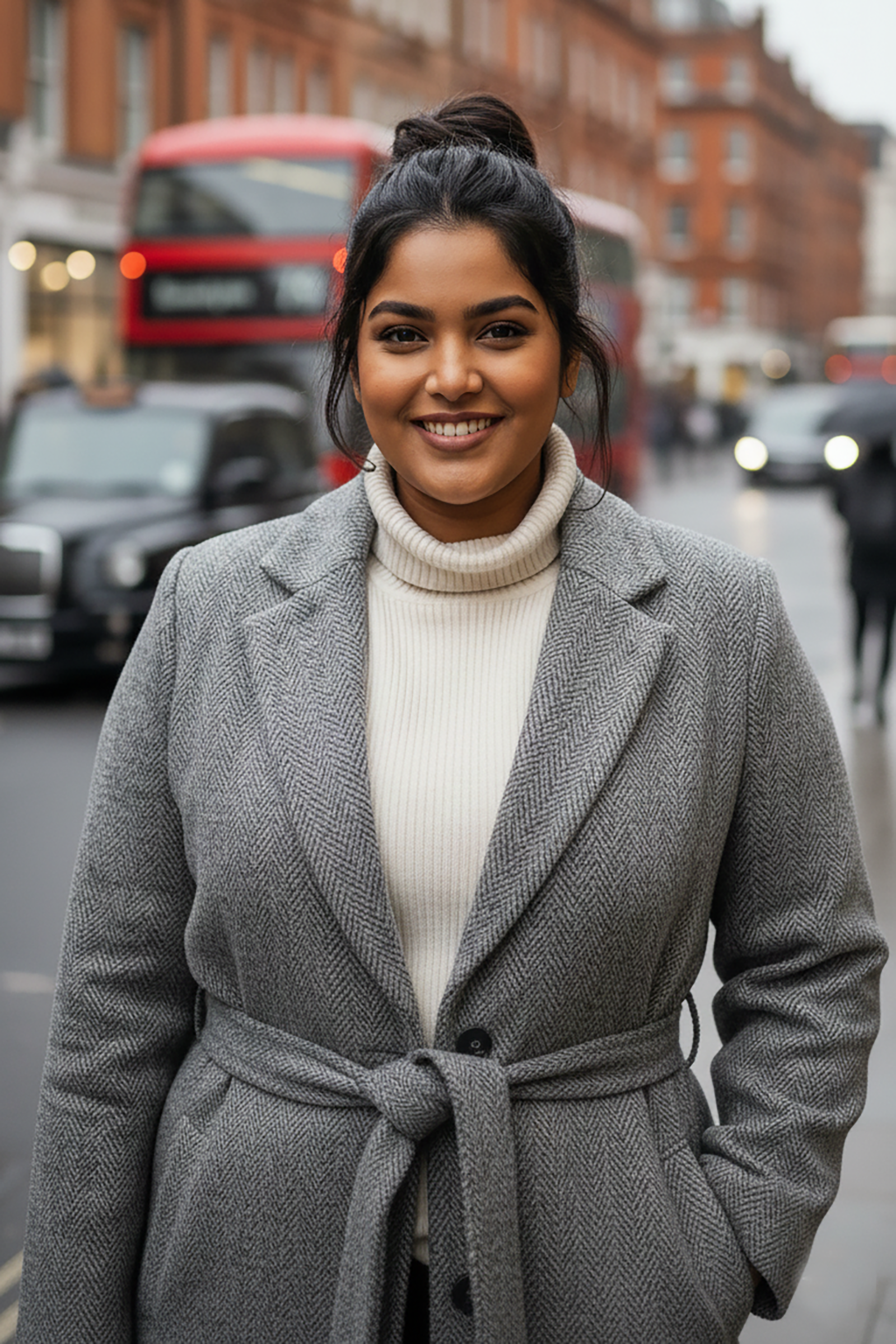 Plus Size Elegant Grey Wool-Blend Long Coat with Belt