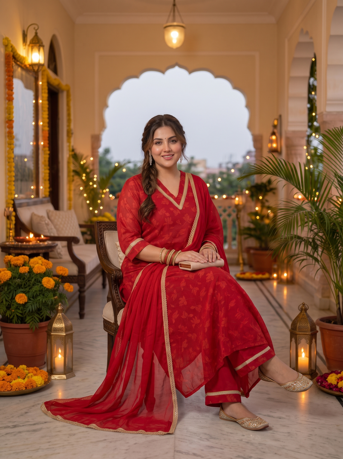 Radiant Red Cotton Cambric Festive Kurta Pant Set with Dupatta (Set Of 3)