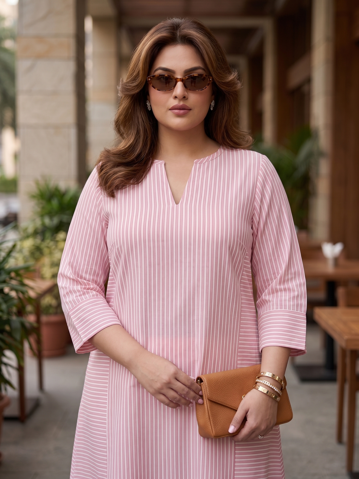 Plus Size Pink 100% Cotton Striped Flared Kurta