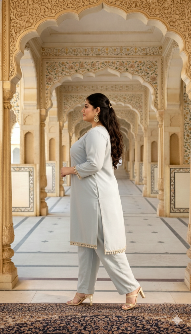 Sand Beige Silk Kurta Set with Mirror Lace