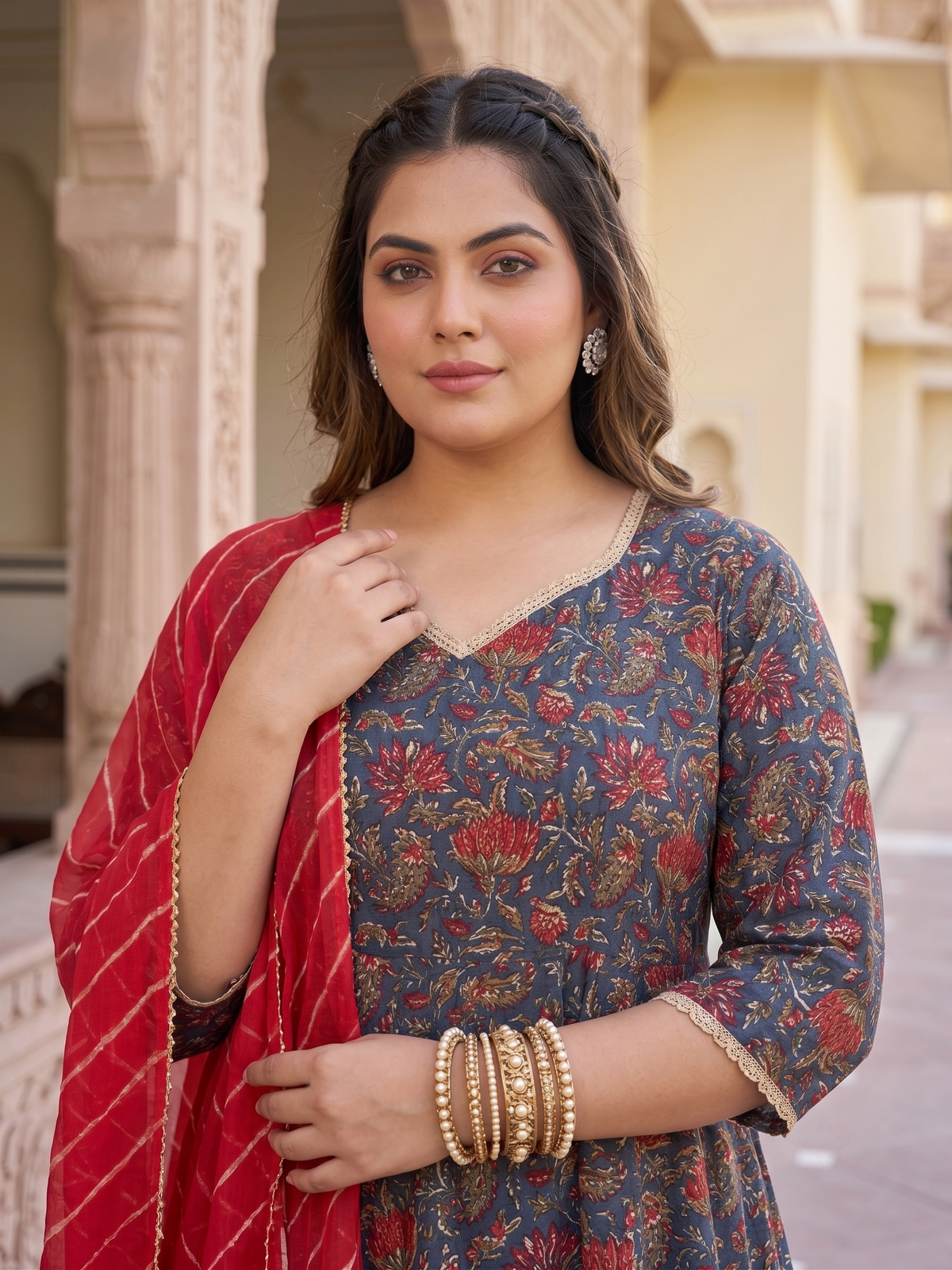 Blue Cotton Floral Print Anarkali Suit Set - ( Set of 3)