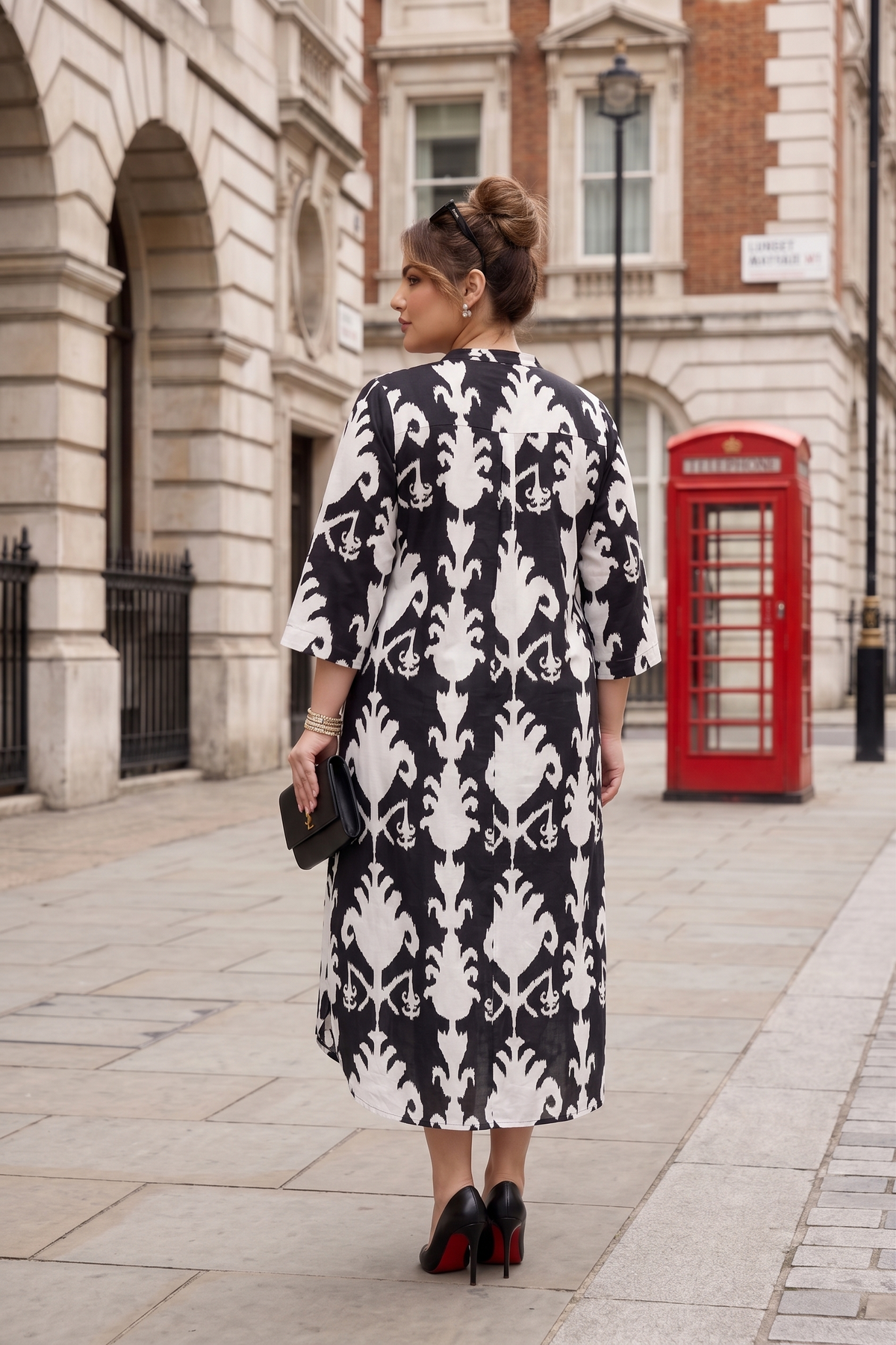 Plus Size Black & White Ikat Print 100% Cotton Shirt Dress