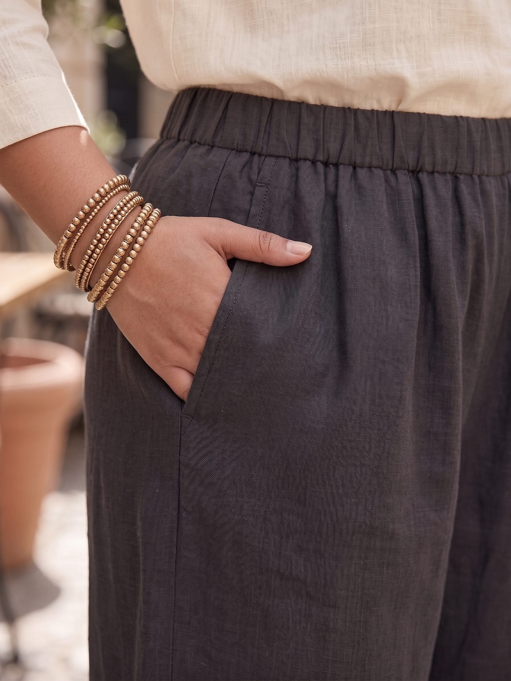 Plus Size Black Cotton Slub Trouser for Women | Straight Fit Elastic Waist Palazzo Pants