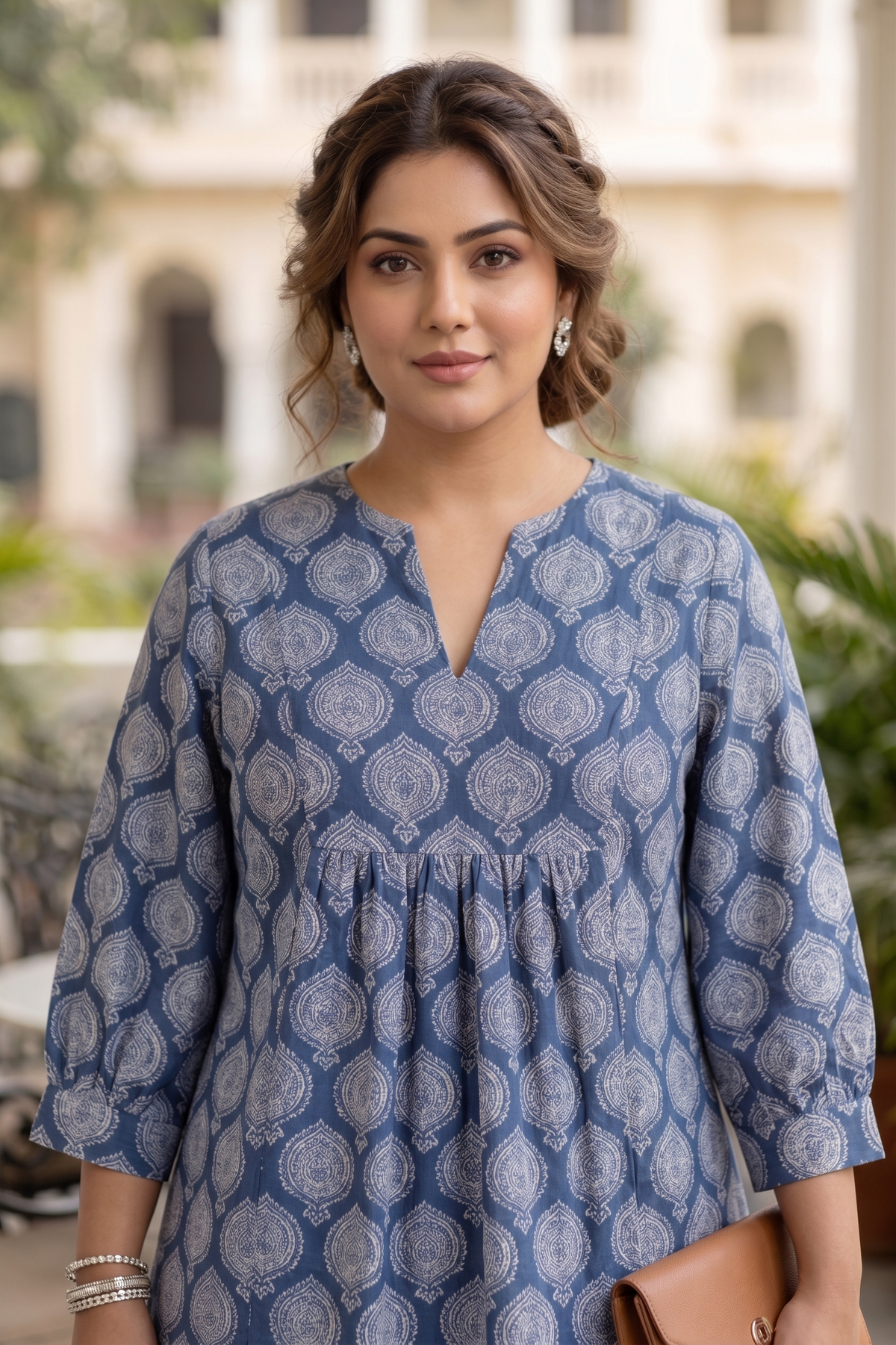 Indigo Blue Boota Print Cotton Peplum Top