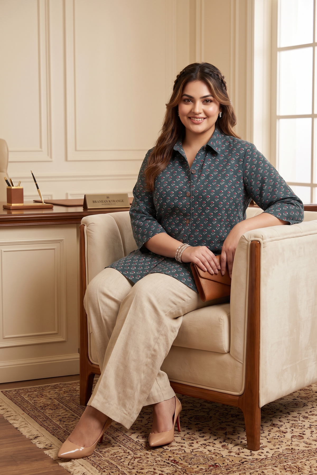 Plus Size Green Printed Cotton Long Shirt for Women – Smart Casual Office Wear Top