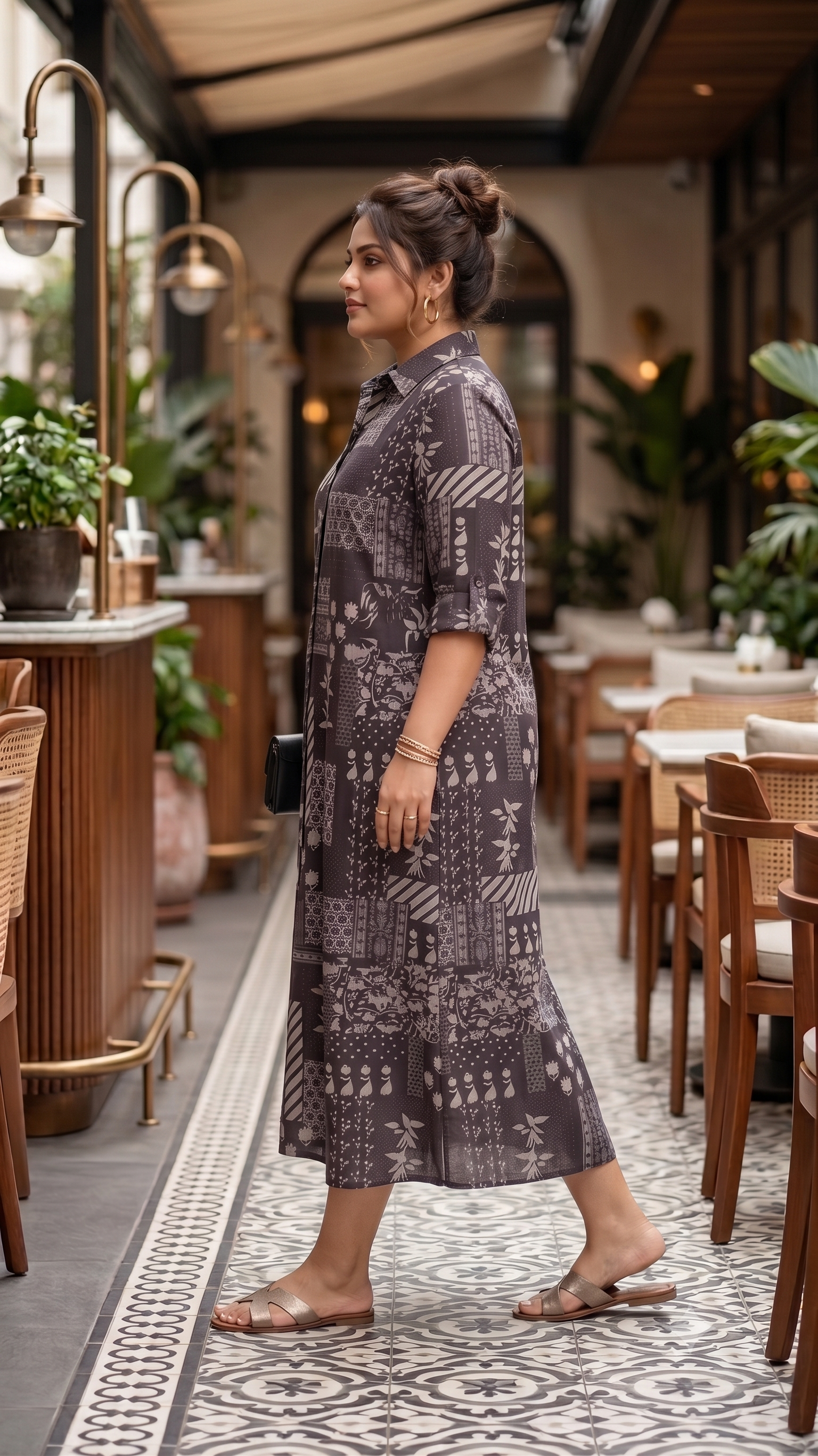Plus Size Brown Printed Cotton Midi Dress for Women | Collared Button-Down A-Line Dress