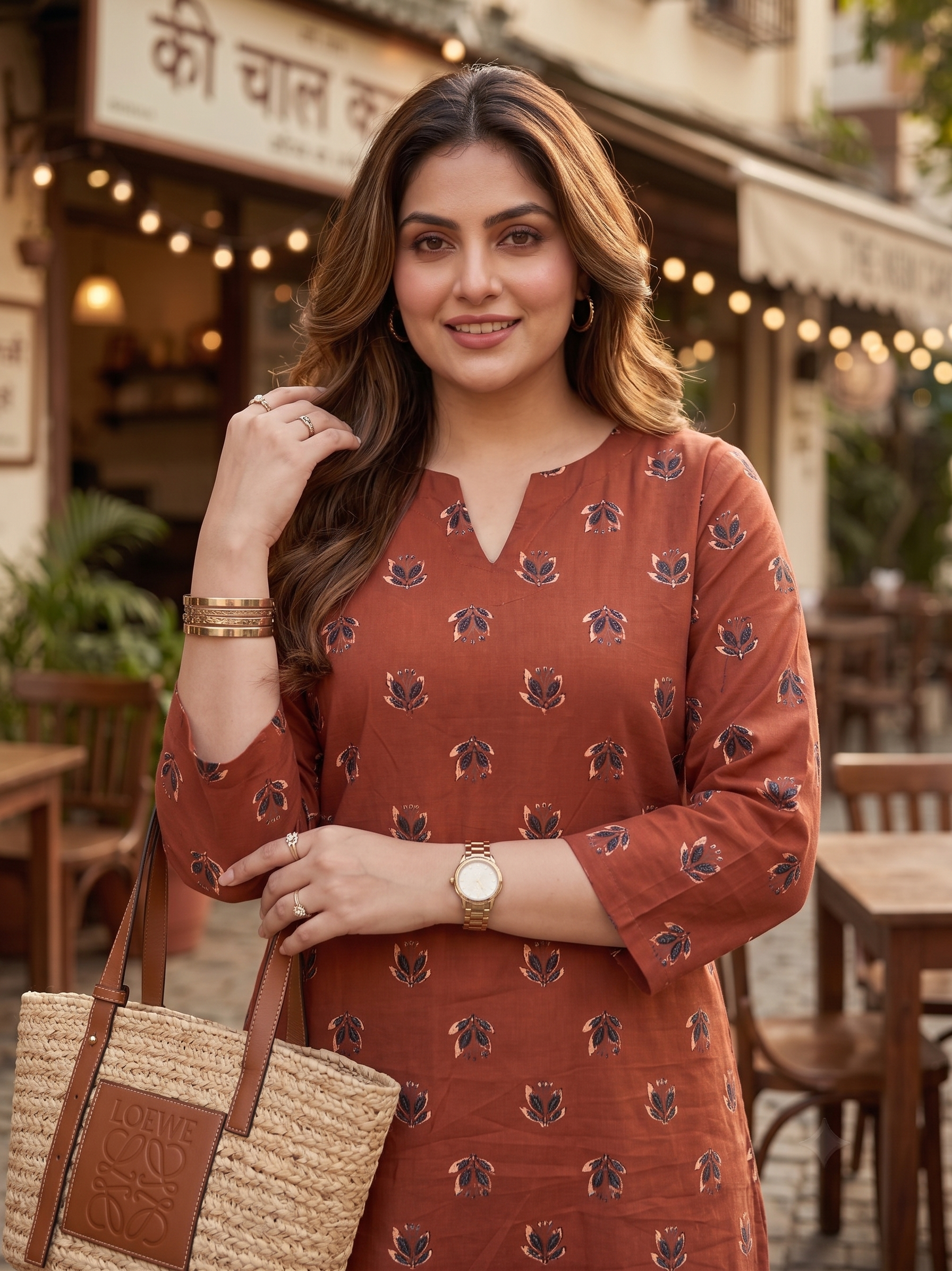 Plus Size Rust Printed Cotton Top for Women | Casual Straight Kurti Top