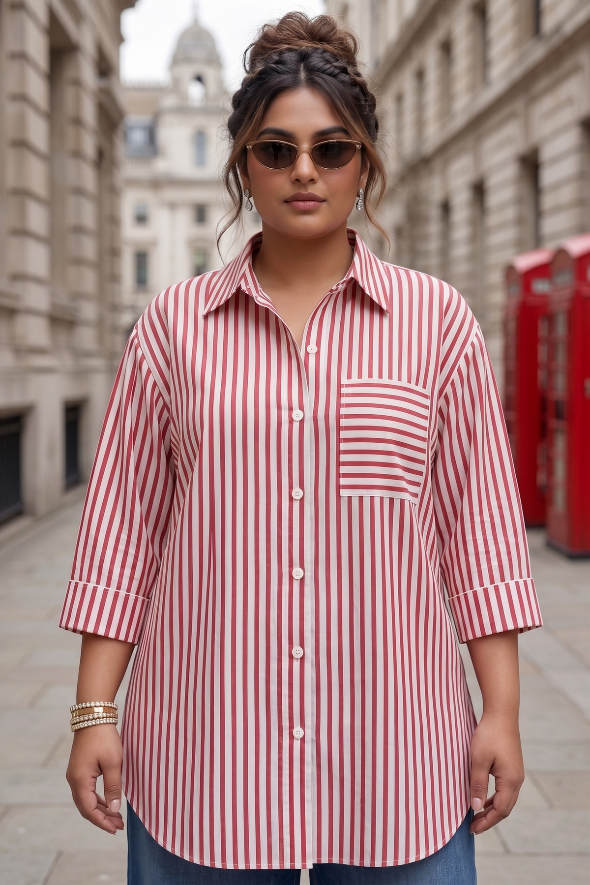 Plus Size Red Striped Casual Button Down 100% Cotton Long Shirt