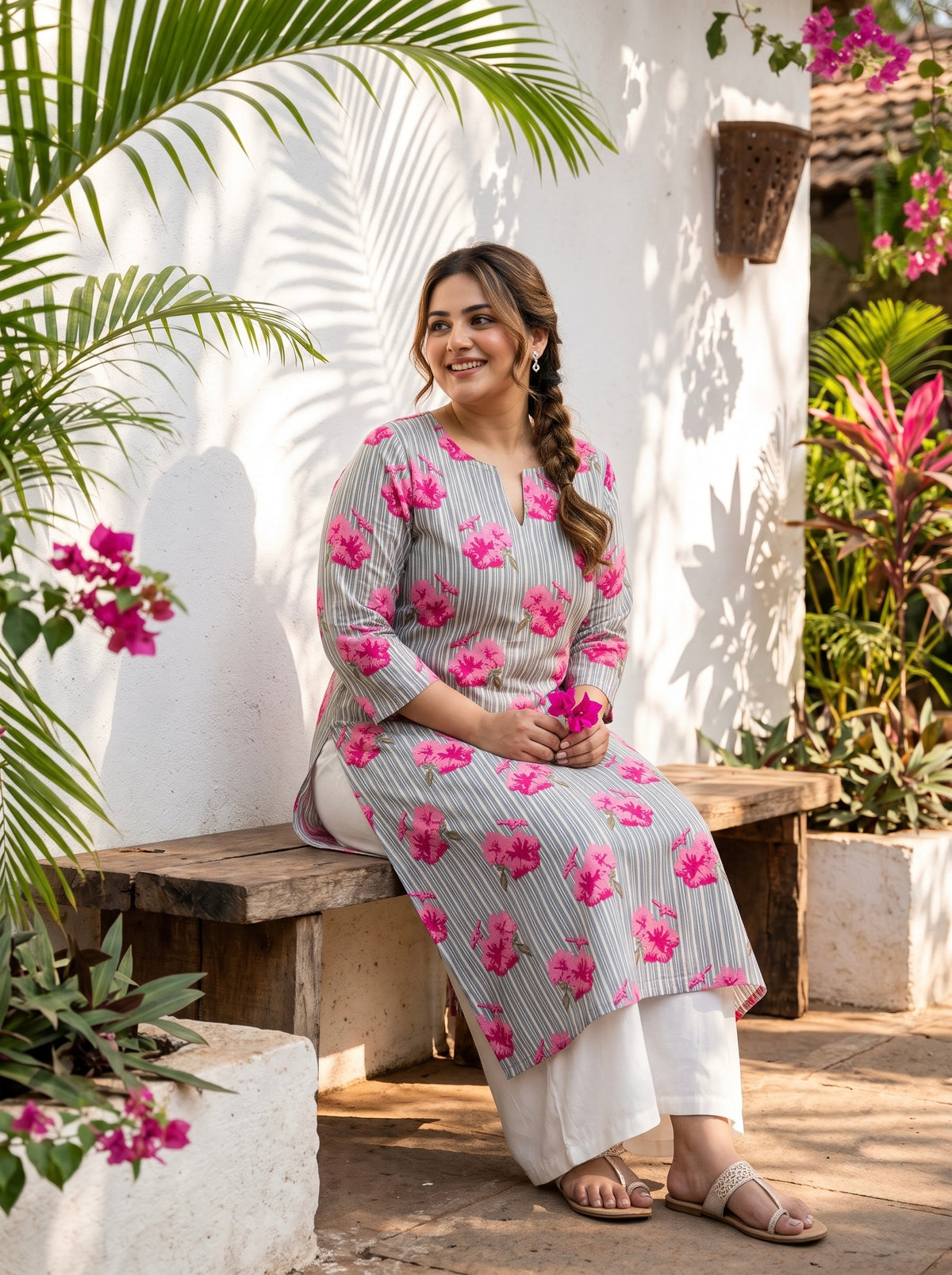 Plus Size Blue Floral Printed 100% Cotton Kurta for Women | Straight Fit Ethnic Kurta