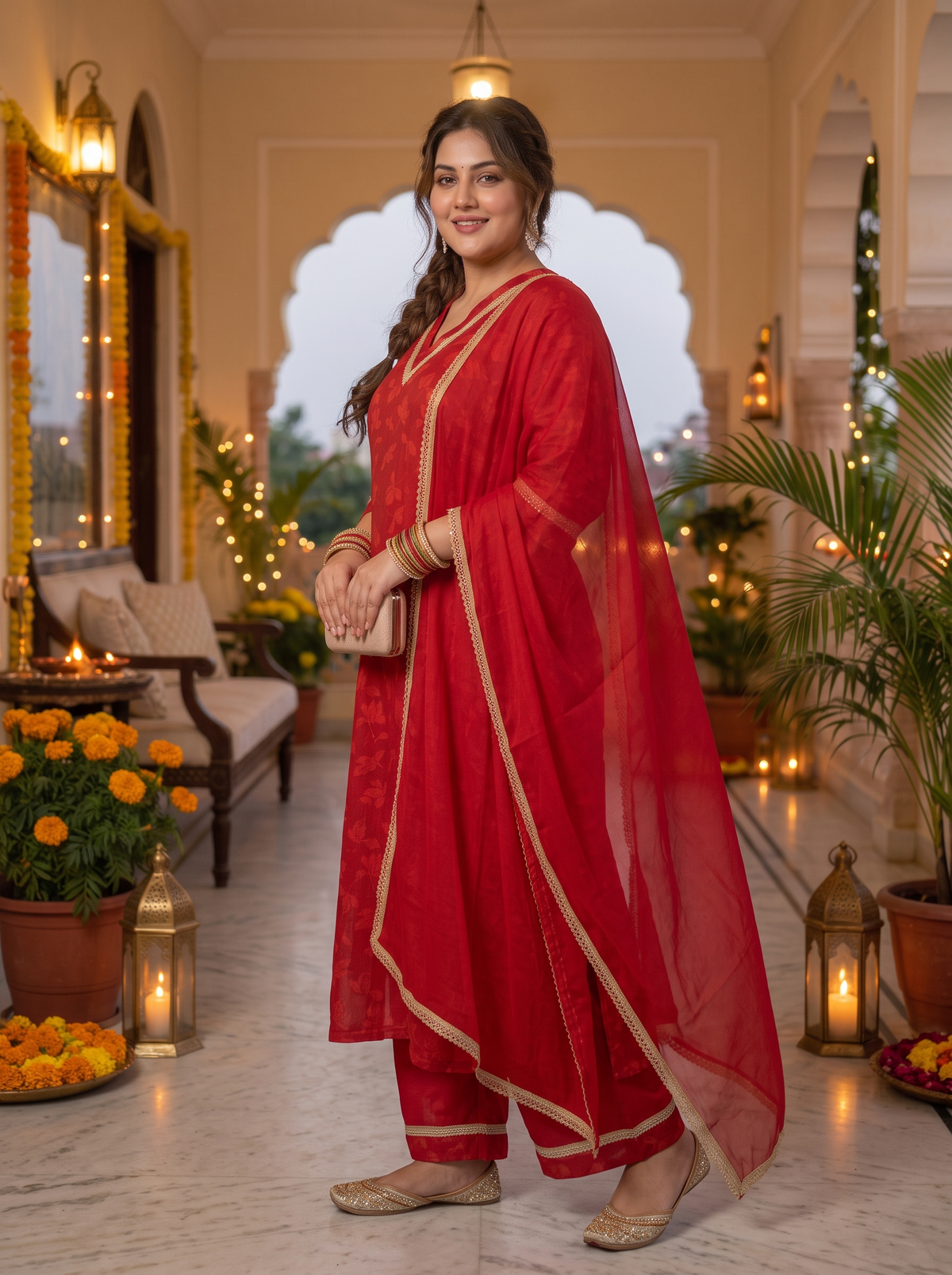 Radiant Red Cotton Cambric Festive Kurta Pant Set with Dupatta (Set Of 3)