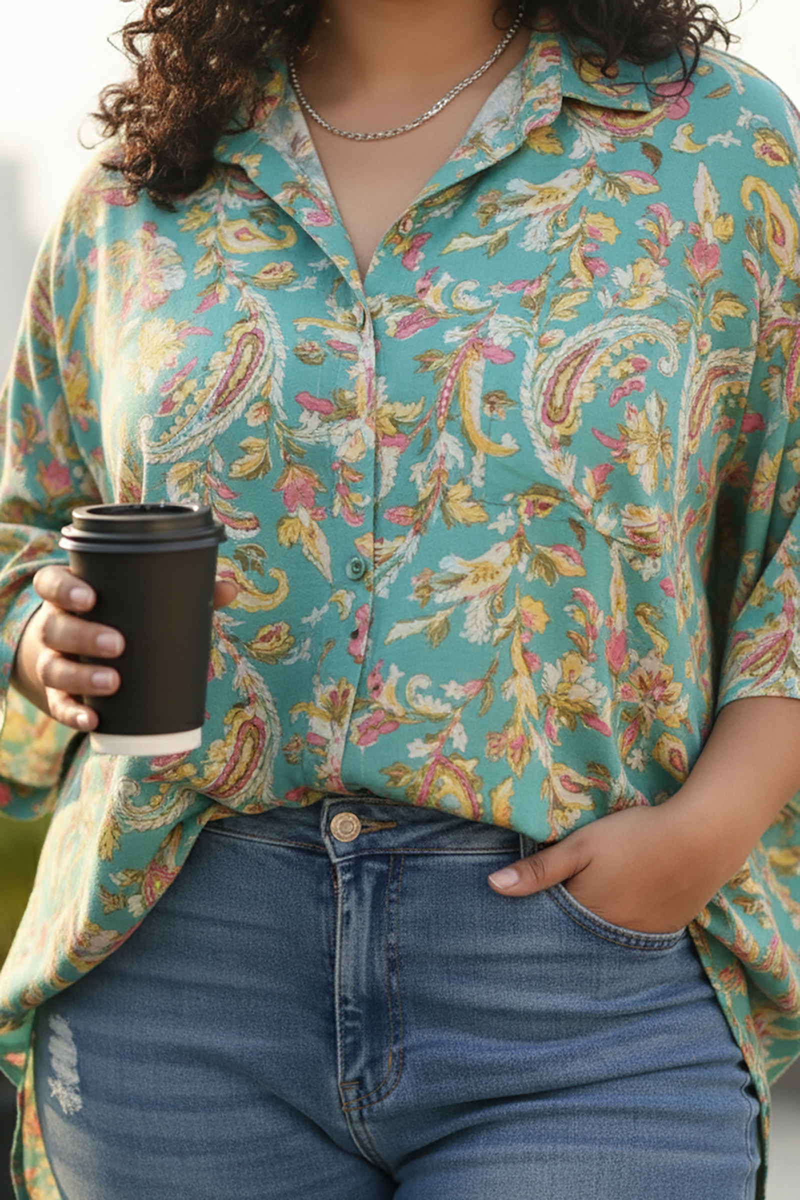 Plus Size Teal Green Floral Print Relaxed Fit Women Shirt