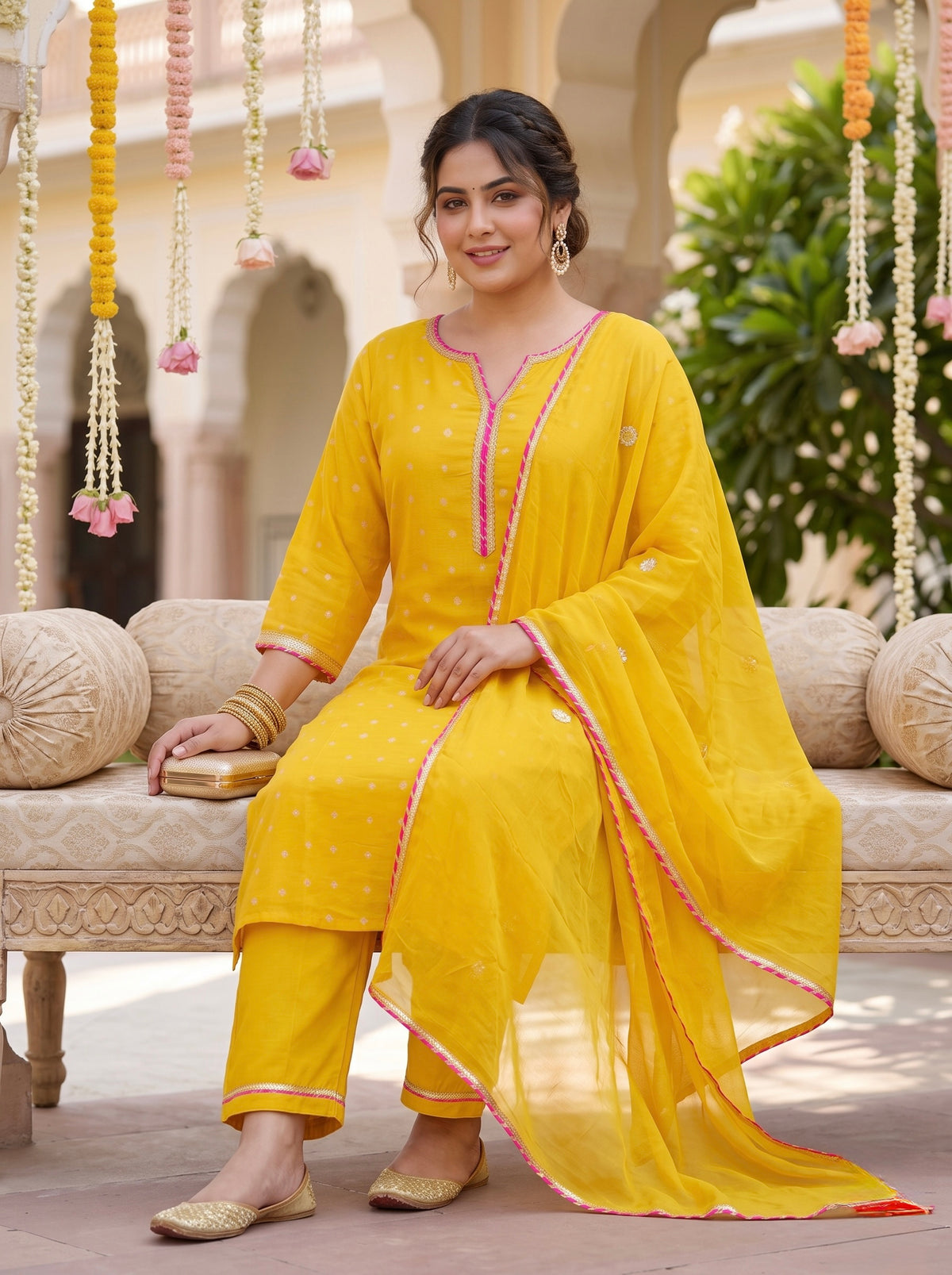 Sunshine Yellow Bandhani 100% Cotton Kurta Set with Gotta Patti Work & Chiffon Dupatta