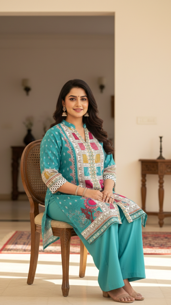 Plus Size Women’s Digital Print Satin Kurti Set with Palazzo – Elegant Ethnic Wear