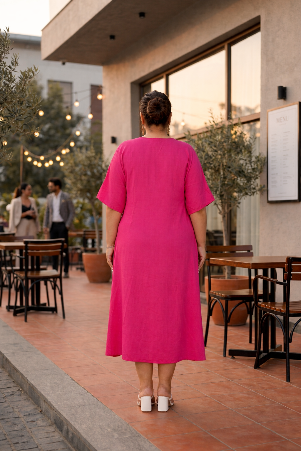 Hot Pink Front Knot V-Neck Dress