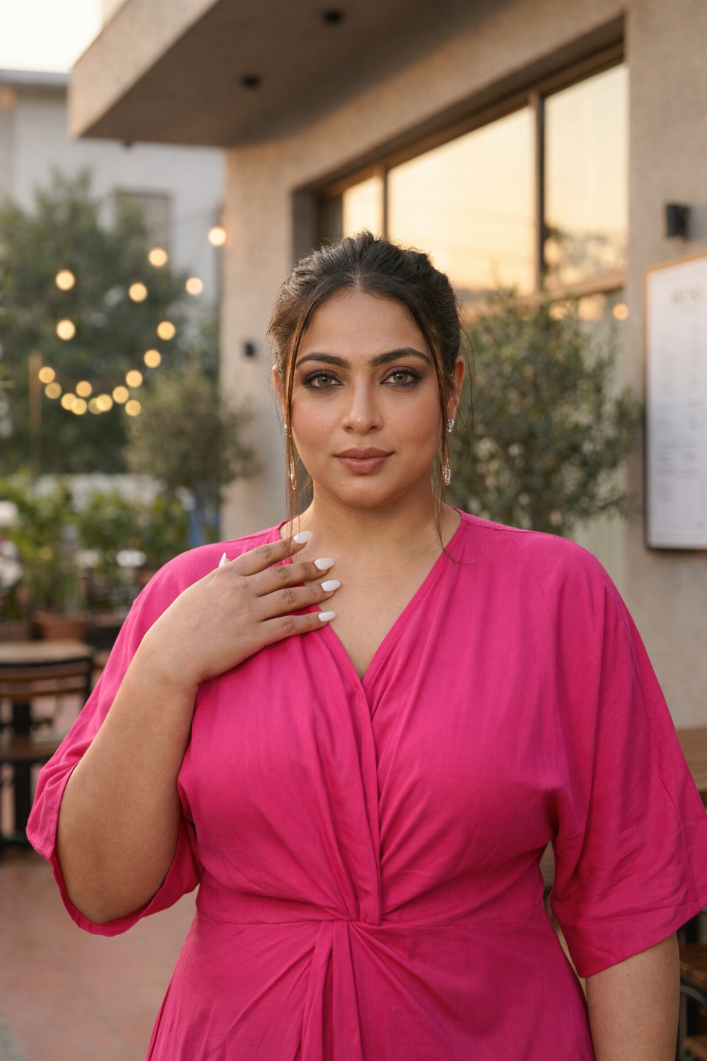 Hot Pink Front Knot V-Neck Dress