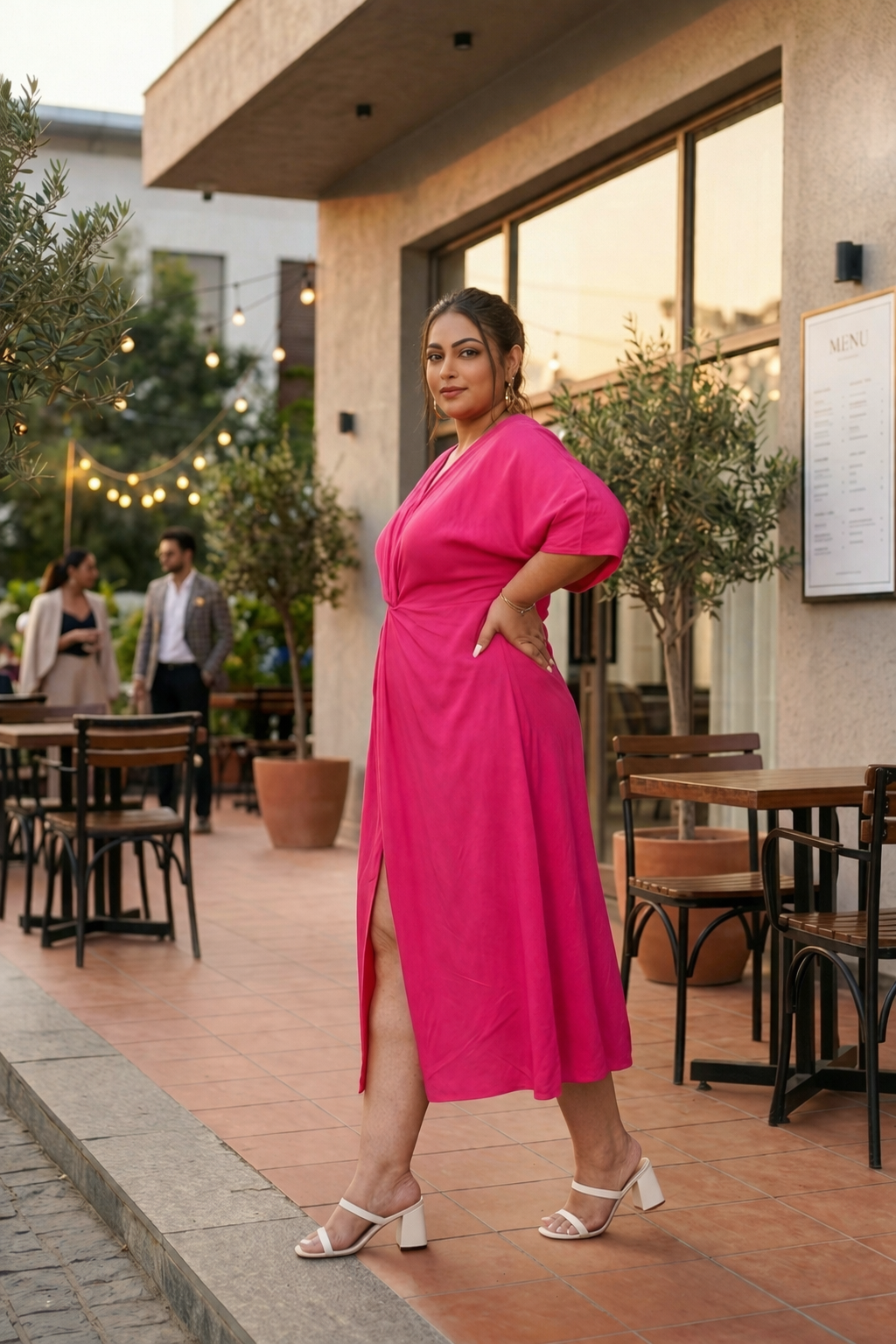 Hot Pink Front Knot V-Neck Dress