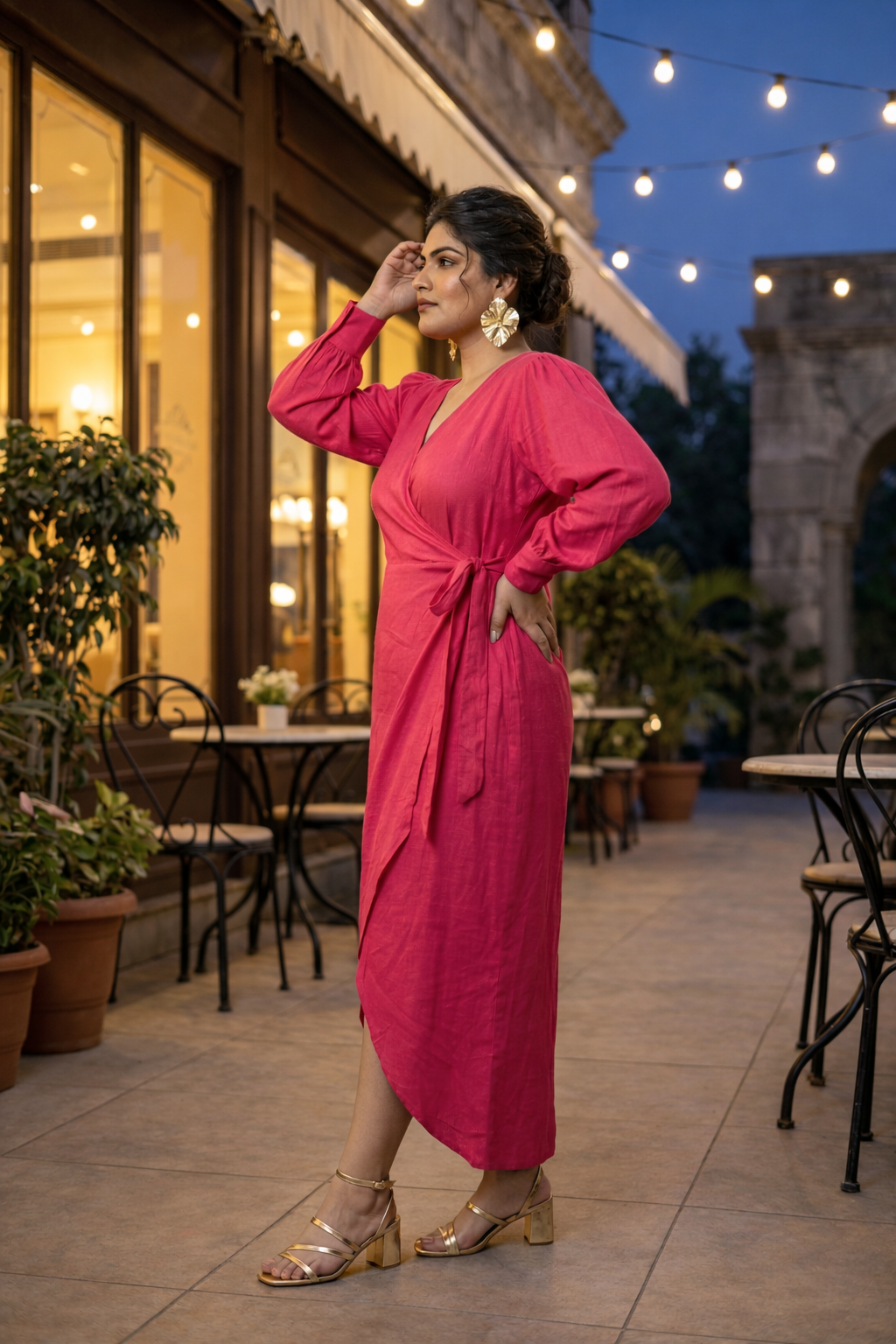 Hot Pink Wrap V-Neck Gown