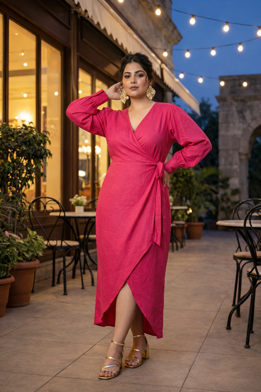 Hot Pink Wrap V-Neck Gown