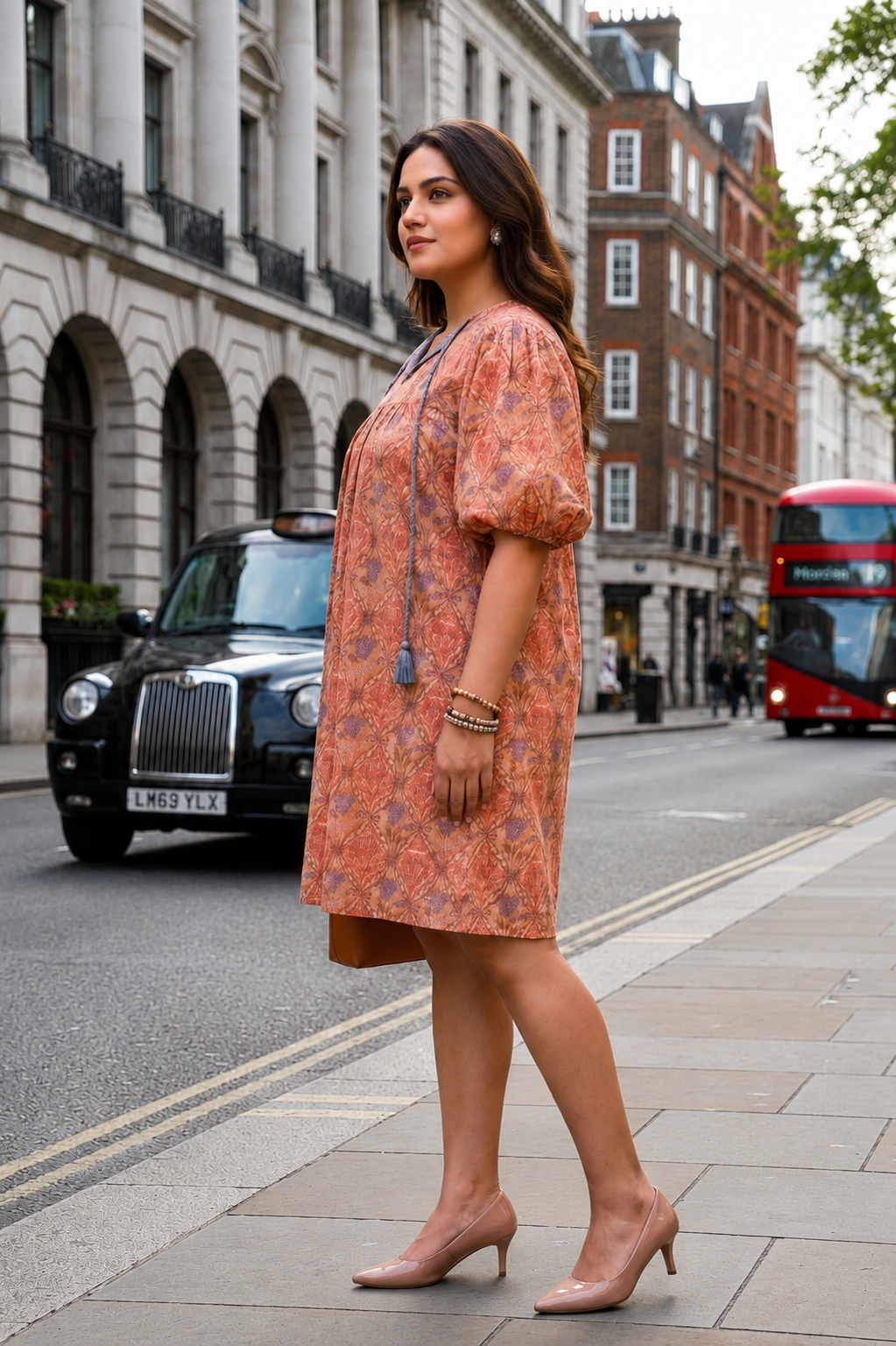 Regular Hazelnut Short Printed Anti-Fit 100% Cotton Dress