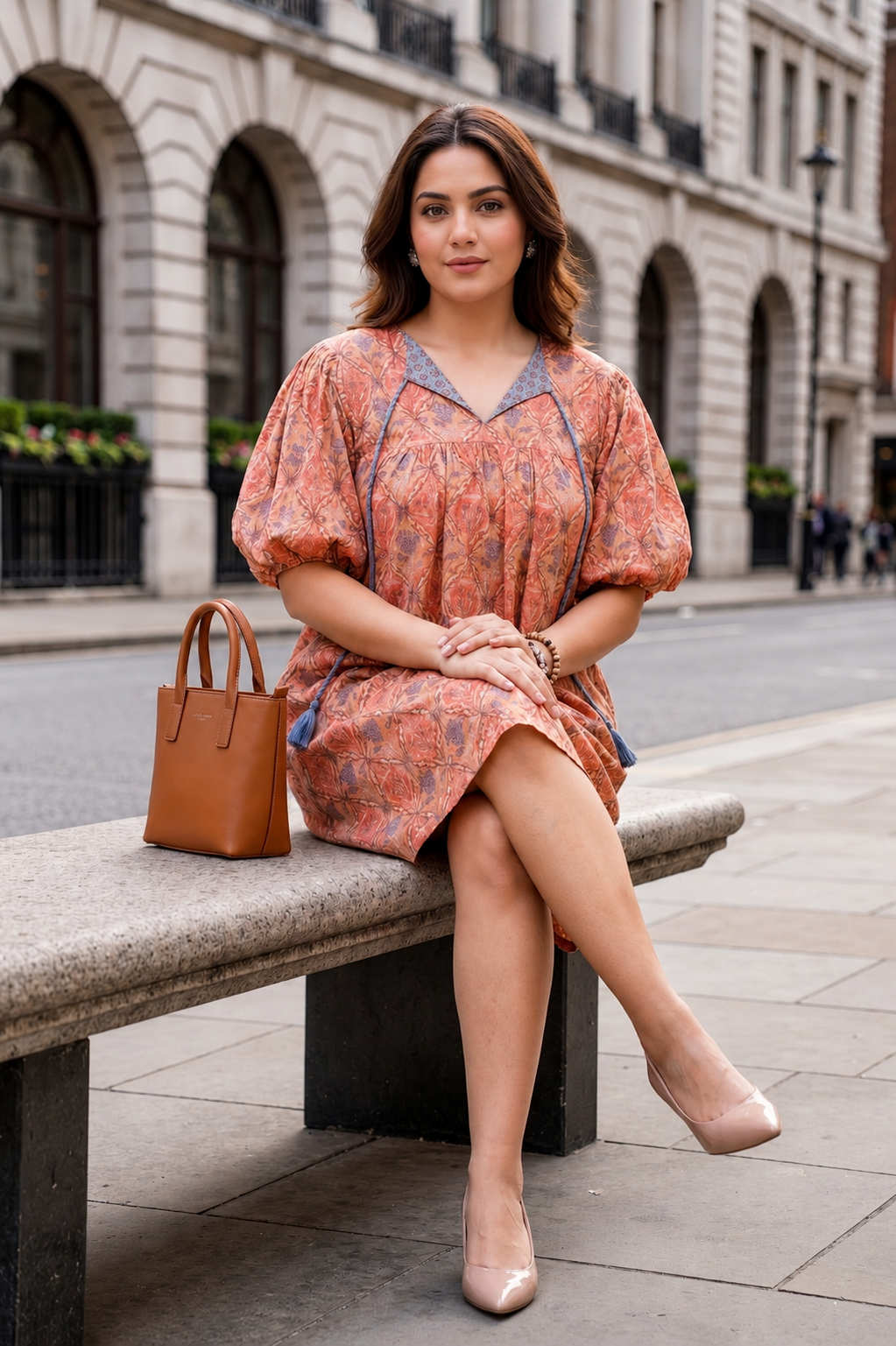 Regular Hazelnut Short Printed Anti-Fit Cotton Dress