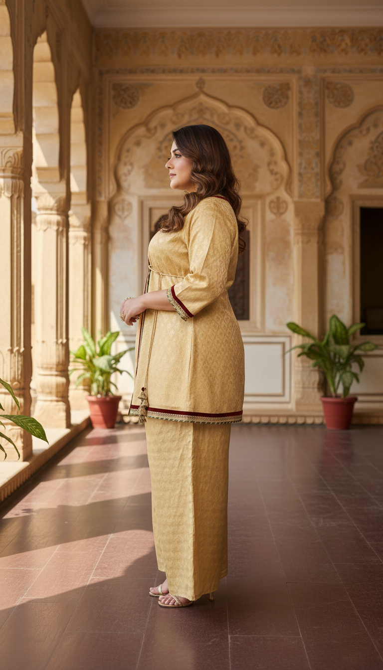 Plus Size Festive Gold Jacquard Kurta & Wide-Leg Pant Co-Ord Set