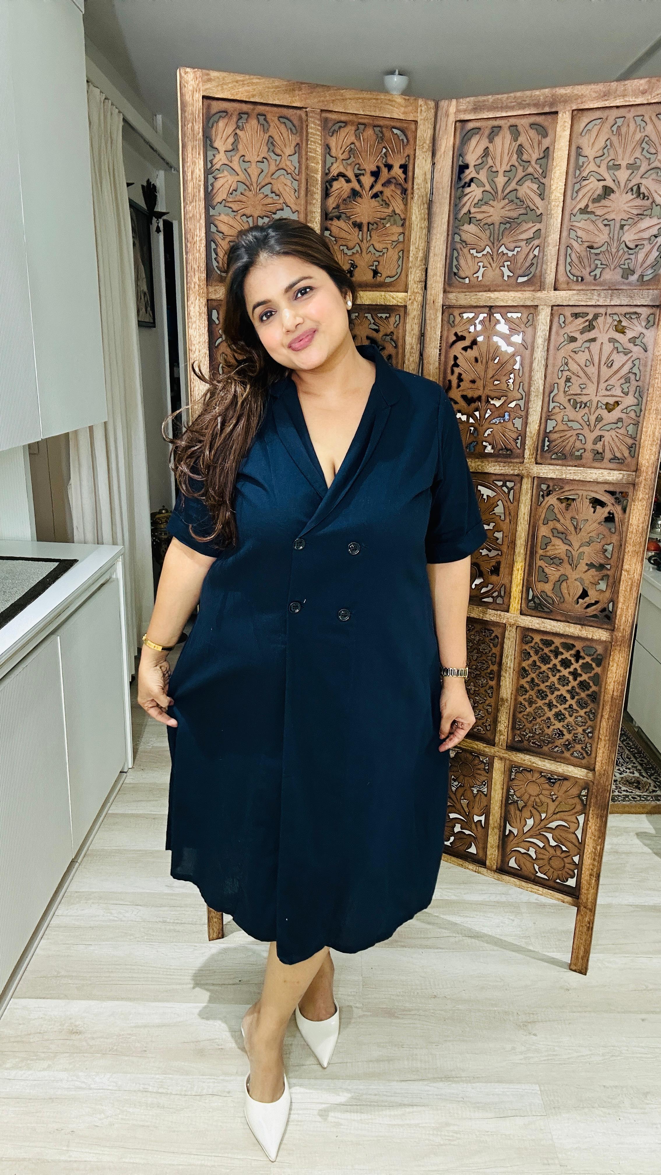 Midnight Blue Button-Down Lapel Linen Jacket Dress